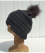 New Kids Winter Warm Knit Lined Faux fur Pom Stretchy Beanie Hat Dark Gr... - £6.84 GBP