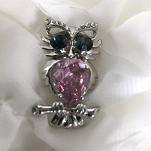  Pier1 Imports OWL Brooch Pin Pink Rhinestones Silver Tone Metal Black Eyes - $55.17 MXN