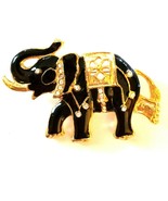 Vintage Gold Color Black Enamel & rhinestone 2 " Trunk Up Elephant Brooch - $12.98