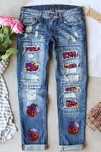 Sky Blue Sequin Pumpkin Patched Distressed Straight Leg Jeans - £37.56 GBP