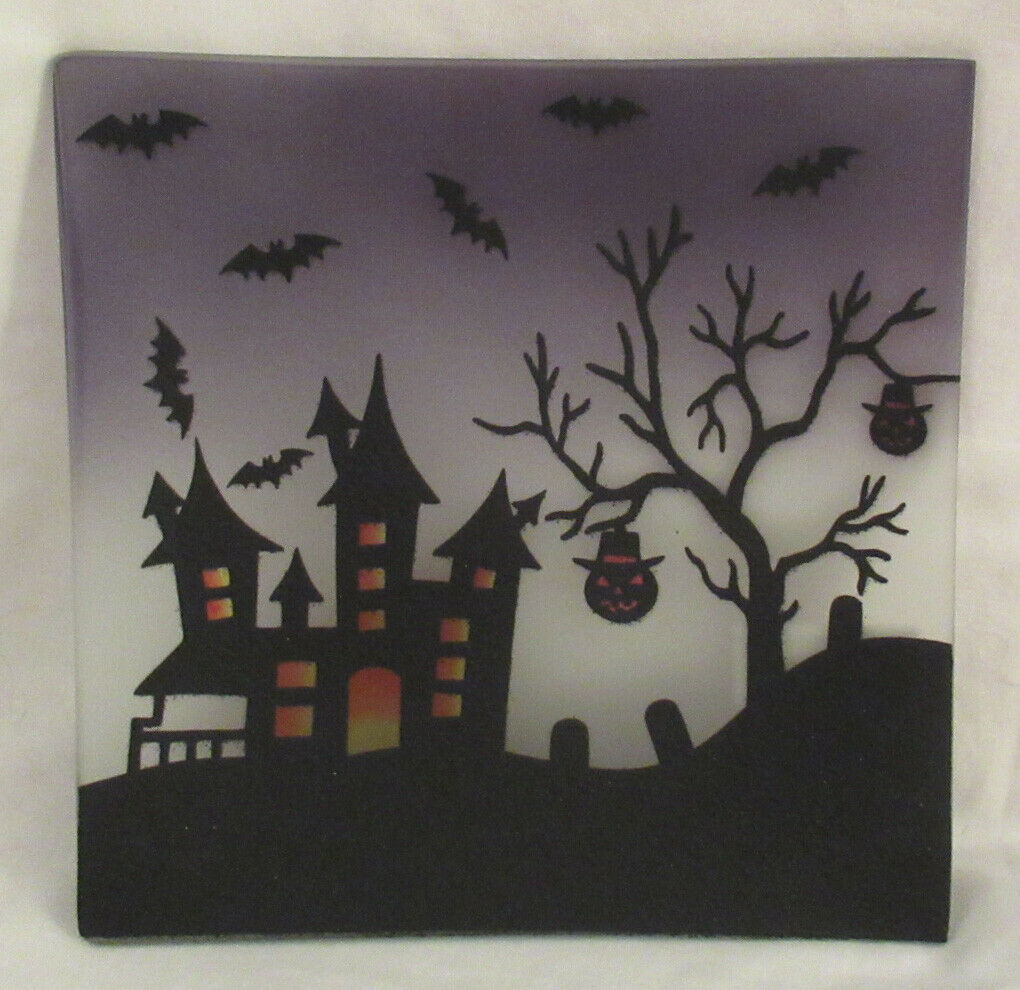 Primary image for Yankee Jar Candle Tray Holder C/T HAUNTED HOUSE black oranges painted glitter