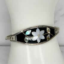 Vintage Alpaca Silver Tone Abalone Mother of Pearl Shell Flower Bangle Bracelet - £19.43 GBP