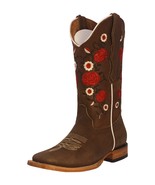 Womens Western Boots Almond Leather Rose Embroidered Square Toe Botas Va... - £94.81 GBP