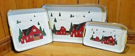 Vintage 3 Piece Lacquer Ware Tray Serving Set Christmas &quot;Winter Scene&quot; Japan  - £38.74 GBP