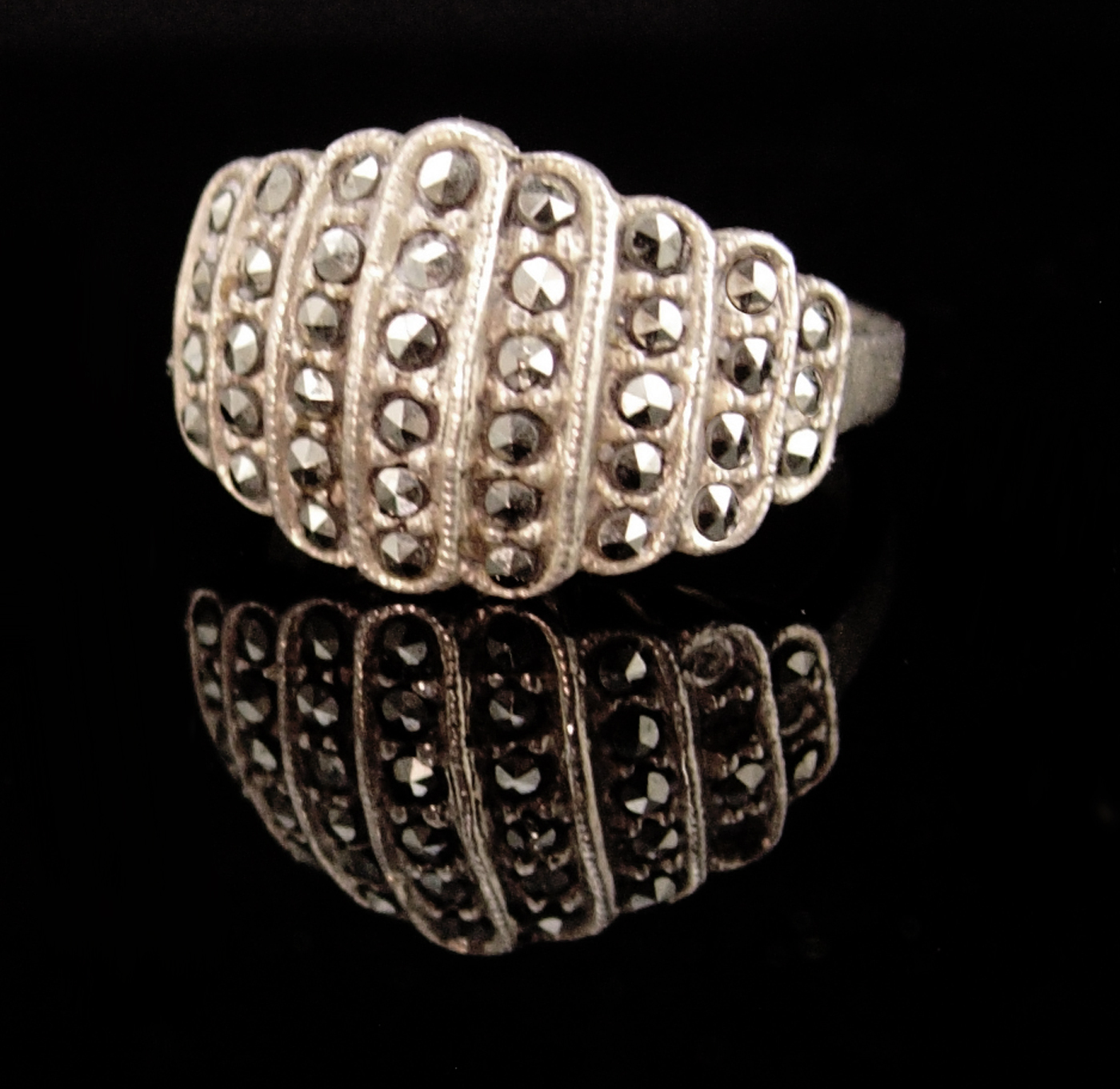 Primary image for Vintage Sterling cocktail ring - Silver WIDE Marcasite ring - Size 5 1/2 