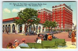 Post Office Princess Martha Hotel St Petersburg Florida Postcard Linen Old Cars - $11.70