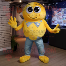 Yellow Crab Cakes mascot costume character dressed with a Denim Shirt and Neckla - £972.27 GBP