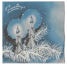VINTAGE 1940s WWII ERA Christmas Greeting Holiday Card BLUE CANDLES Snow - $14.83