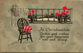 Chair Window Flowers Good Wishes at Christmastide Gibson Lines 1920 DB Postcard  - $8.86