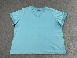 Denim &amp; Company Shirt Womens 3X Blue V Neck Crochet Lace Trim Short Slee... - $19.79