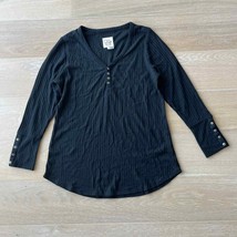 Chaser Black Ribbed Waffle Knit Button Detail Long Sleeve Tunic Shirt To... - £23.19 GBP