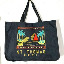 St.Thomas U.S.V.I. Tote Bag Black Embroidered Tropical Print Large Canvas - £21.62 GBP