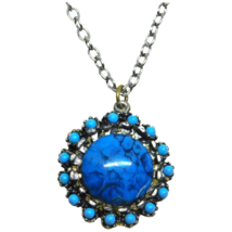 Blue Pendant Necklace Round Shaped Cabochon Style Light Blue Beads 24&quot; L - £6.42 GBP