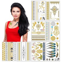 Metallic Temporary Tattoos for Women Teens Girls 8 Sheets Gold Silver Te... - £15.86 GBP