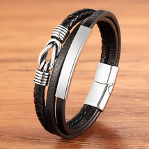 TYO Men Bracelet Genuine Leather Braided Rope Trendy Charm Stainless Steel Whole - £11.81 GBP
