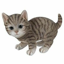Lifelike Crouching Grey Striped Tabby Cat Statue 8.25&quot;Long Realistic Glass Eyes - £25.79 GBP