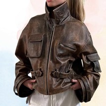 Vintage Distressed Brown Leather Bomber Jacket: Oversized Moto Style - $199.95