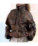 Vintage Distressed Brown Leather Bomber Jacket: Oversized Moto Style - $199.95