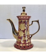 Gold Floral Maroon Decorative Ceramic Tea Pot 10.5 inch Tall Heart Accen... - £14.62 GBP