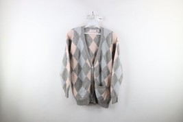 Vtg 90s Streetwear Women XL Pastel Argyle Lambswool Angora Knit Cardigan Sweater - £54.45 GBP