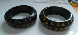 2 Thick Black Plastic Bangle Bracelet with Triangular Shaped Inlays - £29.23 GBP