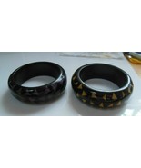2 Thick Black Plastic Bangle Bracelet with Triangular Shaped Inlays - $50.80 CAD