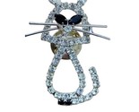  Silver Tone Rhinestone Sitting Cat with Black Eyes Pin brooch Jewelry - $10.05