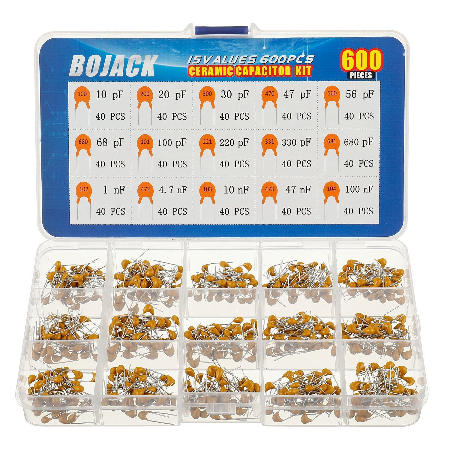 Bojack 15 Type Values 600Pcs Ceramic Capacitor Assortment Kit Capacitors... - $17.53