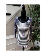 Matilda Jane Top Women M White Navy Striped Floral Sleeve Long Tunic Shirt - $33.85 CAD