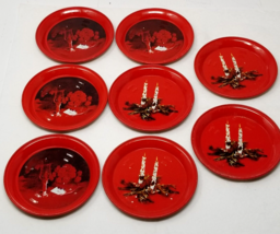 Vibrant Red Metal Coasters Christmas Candle and Poinsettia Set of 8 MCM Vtg - £11.93 GBP
