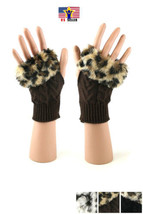 Leopard Wrist Rabbit Mitten Faux Fur Knitted Trim Warmer Fingerless Girl Gloves - £7.97 GBP