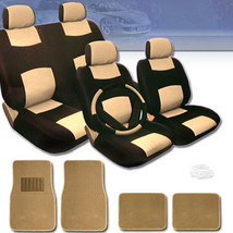 For Vw Premium Black Tan Leatherette Car Seat Steering Covers Floor Mats Set - £46.34 GBP