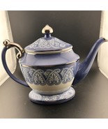 Vintage Bombay Co Blue &amp; White Teapot W/Lid Silver Trim 8.5&quot;T x 10&quot;W - $127.88 CAD