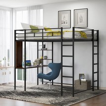 Merax Urban Industrial Metal Loft Bed Wit Desk And Shelves , Sapce Saving, Black - £287.85 GBP