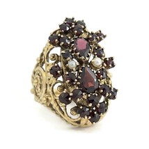 Vintage 1950&#39;s 1960&#39;s Garnet Pearl Cluster Cocktail Ring 14K Yellow Gold 13.85 G - £1,577.95 GBP