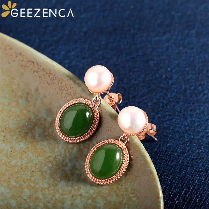 Natural Green Jasper Pearl 925 Silver Rose Gold Plated Women&#39;s Earrings Trendy F - £56.46 GBP