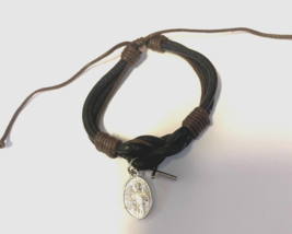 Leather Cuff Bracelet with St Michael The Archangel Charm + Cross Charm, - £4.89 GBP