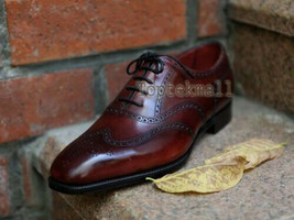 Handmade Men&#39;s Leather Brown Two Tone texture One Piece Lace-Up Dress Shoes-33 - £168.08 GBP