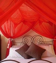 Red Four 4 Post Bed Canopy Netting Curtains Sheer Panel Fabric Corner AN... - £62.64 GBP