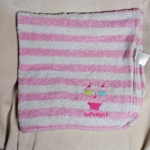 Absorba Baby Pink White Fleece Plush Blanket Stripe Cupcake Girl 28x28&quot; - £31.74 GBP