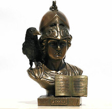 Greek Goddess Athena Minerva with owl &amp; book Cold Cast Bronze &amp; Resin Bust 8.4&#39; - £110.35 GBP