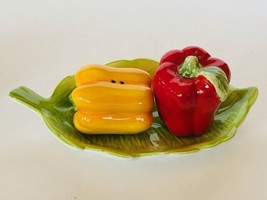 Salt Pepper Shakers vtg antique figurines Peppers fruit vegetables leaf display - £31.61 GBP