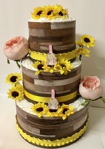  Rustic Yellow and Pink Sunflower Theme Baby Girl Shower 3 Tier Diaper Cake Gift - £58.82 GBP