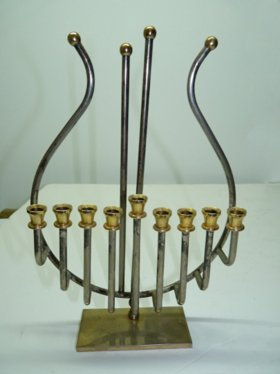 Modern Israeli Karshi Harp-Shaped Hanukkah Menorah Gold- &amp; Silver-Plated... - $115.00