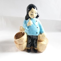 Asian Girl Planter Vintage Ceramic Blue and Tan - £9.49 GBP