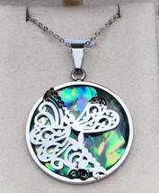 Natural Abalone Dragonfly Pendant Necklace Stainless Steel 20&quot; - £13.51 GBP