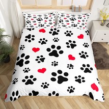 Black Footprints Duvet Cover Set Dog Paw Cat Paw Heart Love Puppy Feet Print Bed - £34.00 GBP