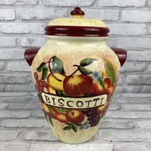 Nonnis Biscotti Cookie Jar Canister Fruit Maroon Burgundy Double Handle  - £19.86 GBP