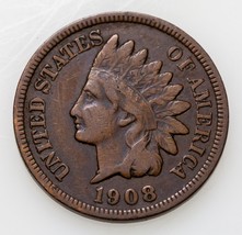1908-S 1C Indian Cent in Fine Condition, All Brown Color, &quot;LIBERTY&quot; is Full - £94.13 GBP