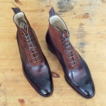 Handmade leather ankle boots two tone wingtip and brogue lace up boots f... - $229.99